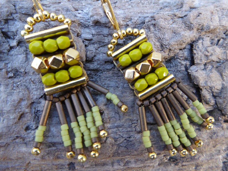 original brown green boho earrings Ethnic green rock beads earrings