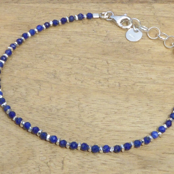 Bracelet lapis lazuli et argent 925 et 970 - fin bracelet pierre bleue naturelle et argent sterling