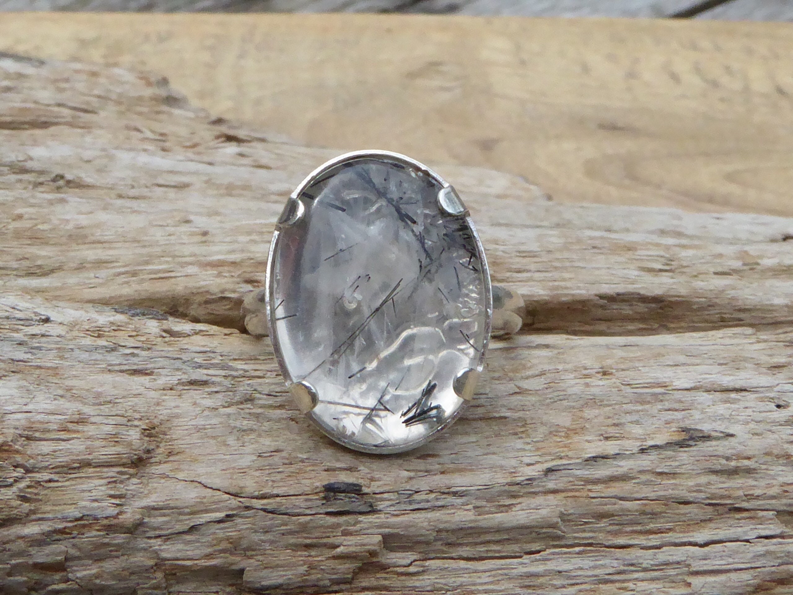 Sterling Silver Ring and Rutile Quartz, Transparent Oval Raw