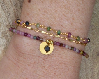 Bracelet multirang tourmaline et gold filled 14 carats,bracelet multirang chaîne perlée pierre semi-précieuse pierre rose noir vert bohème