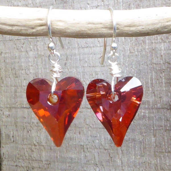 Boucles d'oreilles argent 925 cœur cristal Swarovski rouge orangé red magma ,boucles d'oreilles pendantes argent massif