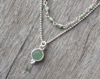 Collier pierre et argent 925,fin collier double chaîne perlée argent et cyanite, et pendentif aventurine