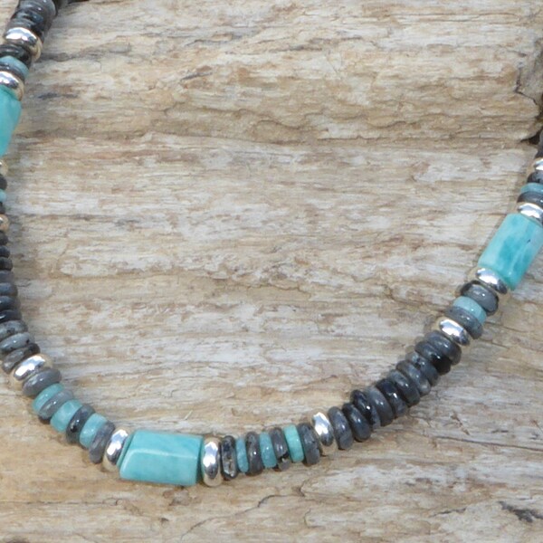 Collier surfeur heishi turquoises du Pérou, larvikites et argent 925, ras de cou pierres rondelles et argent sterling