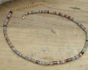 Heishi stone and gold plated necklace, aqua terra jasper choker, stone surfer necklace