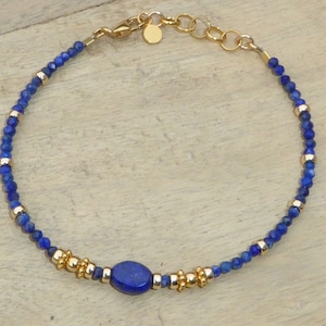 Lapis lazuli and gold plated bracelet, blue natural stone bracelet