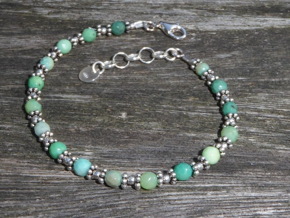 Bracelet Argent 925 Et Agate Verte 10mm - Fait Main En France - Neuf - Bijou Semi-précieux