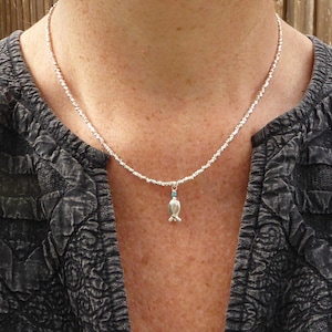 Karen Hill Tribe Silver Necklace and Fish Pendant, Fine Solid Silver Beaded Choker with Fish Charm