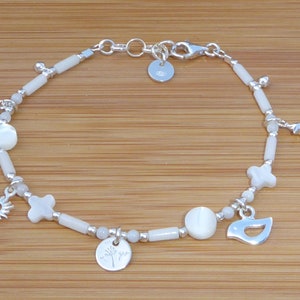 925 silver bracelet and charms, white stones, 925 silver bracelet with mother-of-pearl pendants and white sea bamboo image 1