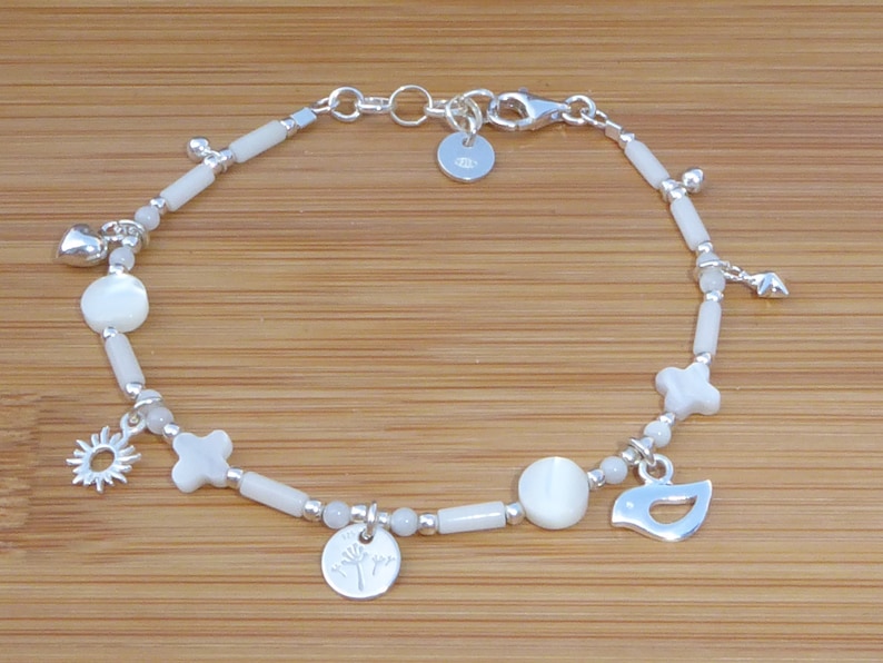 925 silver bracelet and charms, white stones, 925 silver bracelet with mother-of-pearl pendants and white sea bamboo image 1