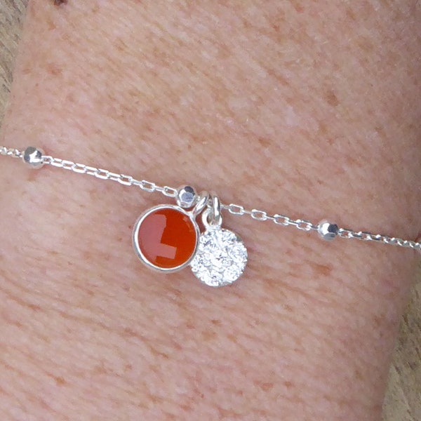 Bracelet argent Sterling 925 et breloques cornaline et zircons - fin bracelet rouge chaîne perlée et breloque strass