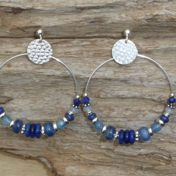 Créoles argent 925 pierres lapis-lazuli, aigue-marine et cyanite, anneaux pierres bleues et argent 925