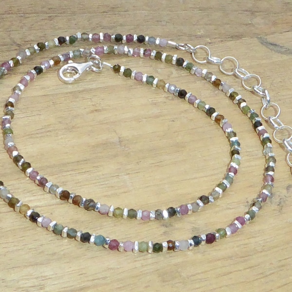 Collier tourmaline et argent 925 et 970/1000, fin ras de cou pierre multicolore et argent sterling