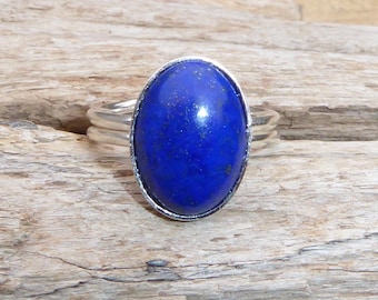 Lapis lazuli and silver ring 925, blue and silver ring, blue raw stone ring 10 X 14 mm, oval stone ring set