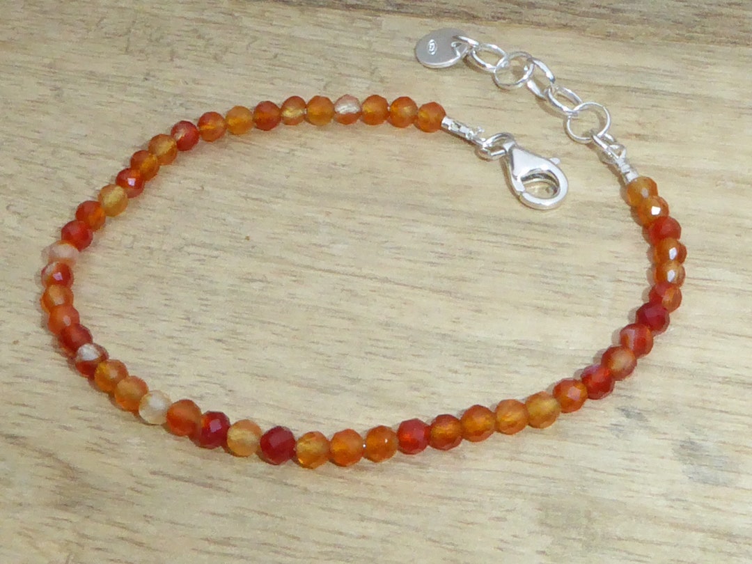 Bracelet En Argent 925 Avec Cornaline Orange Naturelle - Pierre Ronde, Fermoir Homard - Neuf Avec étiquettes