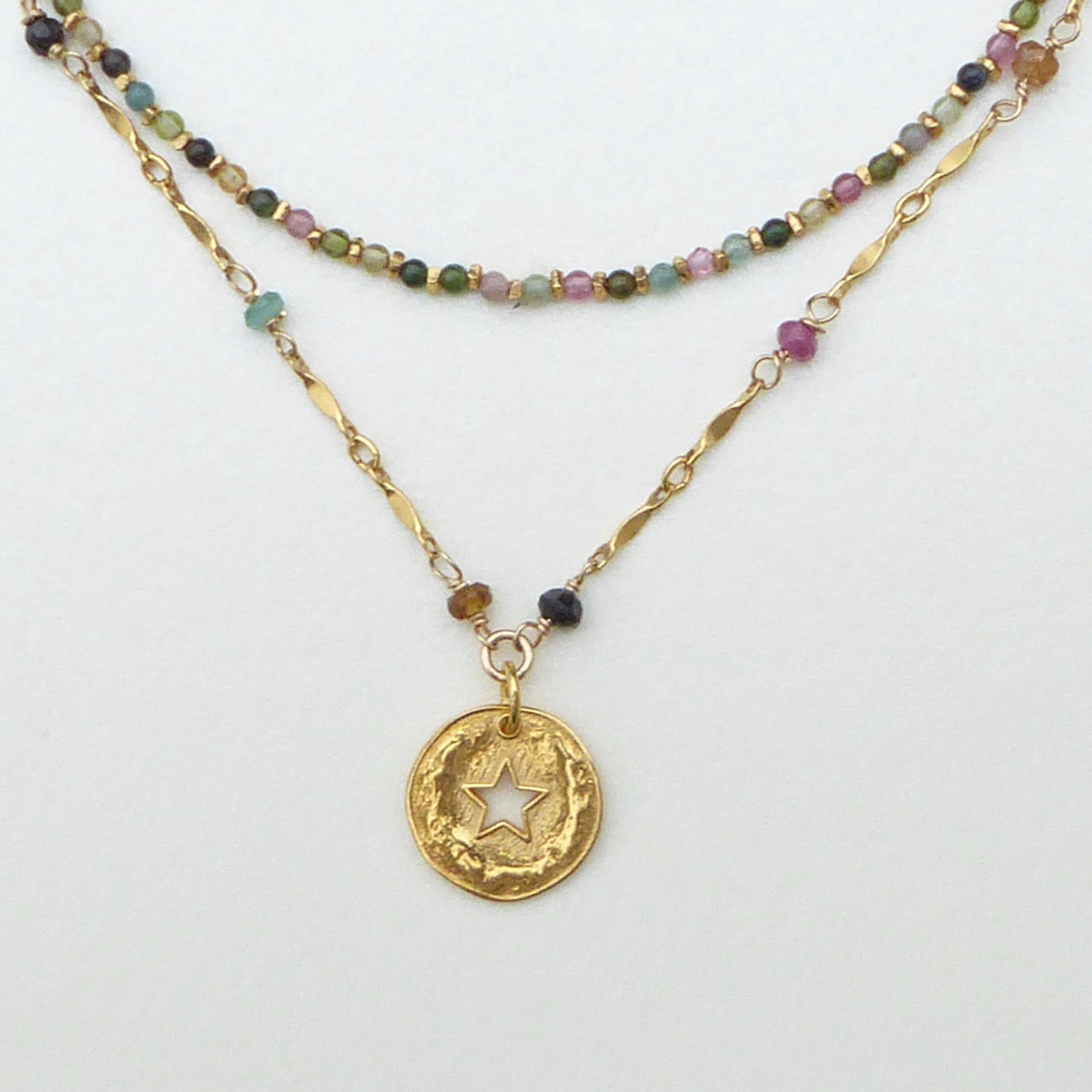 マルチカラートルマリンネックレス - 天然石と14Kゴールドメッキ 14K 