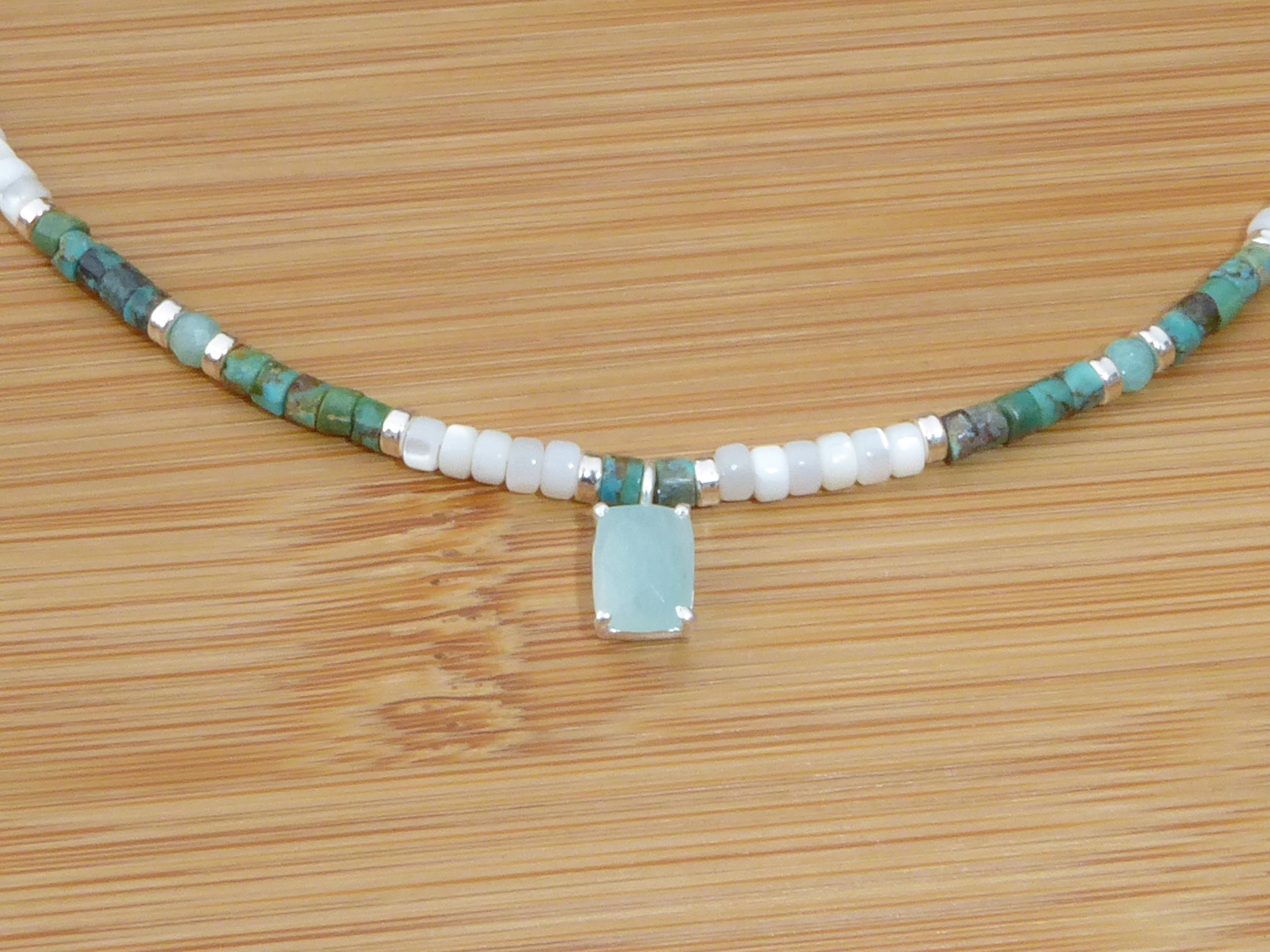 Turquoise Heishi Necklace, Amazonite Pendant, Mother-of-pearl and 925 Silver,  White Mother-of-pearl and Turquoise Choker, Amazonite Pendant Surfer  Necklace - Etsy