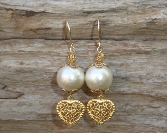 Pearl earrings, 24 carat vermeil and 14 carat gold filled, lacquered pressed cotton, pearl and heart dangling earrings