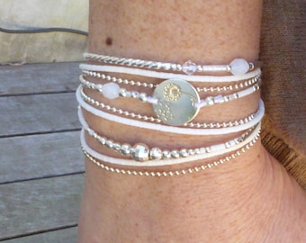 White and solid silver multi-strand bracelet, cuff bracelet, solid silver multi-wrap bracelet, boho chic natural silver bracelet