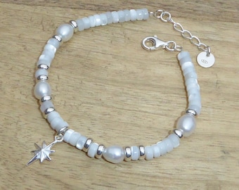Mother-of-pearl heishi bracelet, freshwater pearls and 925 silver, white heishi bracelet and 925 silver