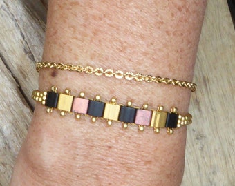 Black and gold Miyuki seed bead bracelet, ethnic bracelet with small gold-plated beads, original fine bracelet