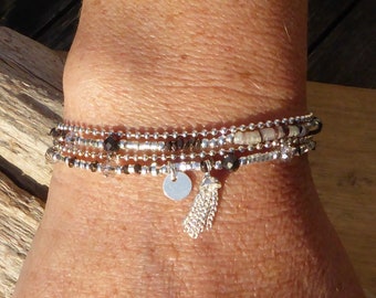 Bracelet multirang argent 925, pierre et coquillage - bracelet multitour argent sterling