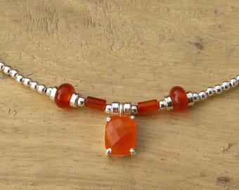 925 silver necklace with carnelian pendant, orange-red stone necklace, pearl and stone necklace