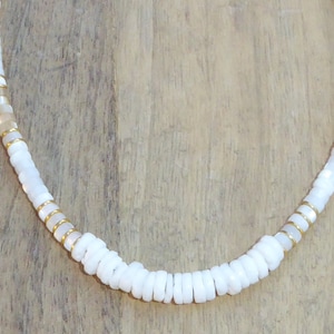 White and gold heishi necklace, mother-of-pearl and shell surfer necklace