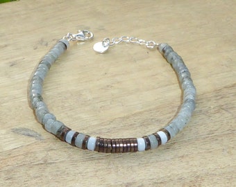 Heishi bracelet with labradorite, mother-of-pearl, hematite and 925 silver, heishi bracelet with grey stone and 925 silver