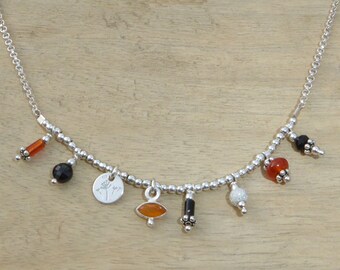 Collier pampilles argent 925 pierres spinelles, onyx, cornaline, agates rouges, fin collier pierres breloques et argent 925