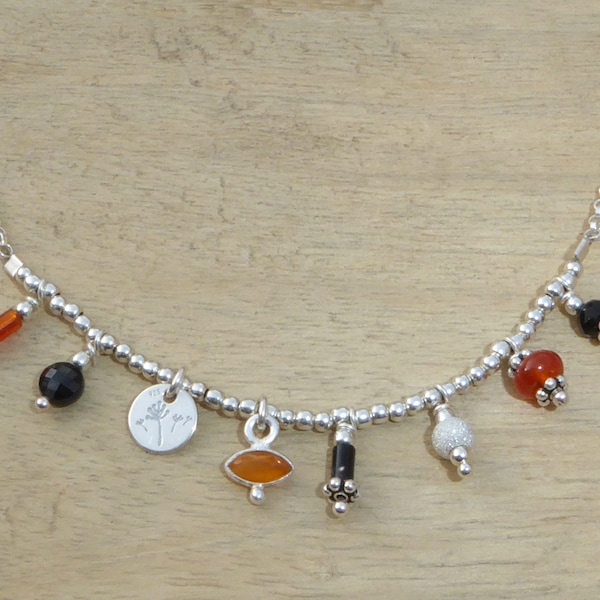 Collier pampilles argent 925 pierres spinelles, onyx, cornaline, agates rouges, fin collier pierres breloques et argent 925