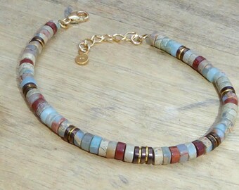 Green stone heishi bracelet, aqua terra jasper and gold plated bracelet