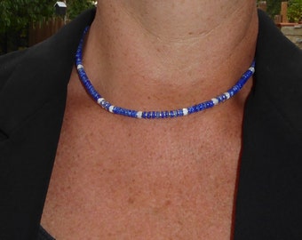 Collier heishi lapis-lazuli et argent 925, ras de cou pierres bleues et argent sterling