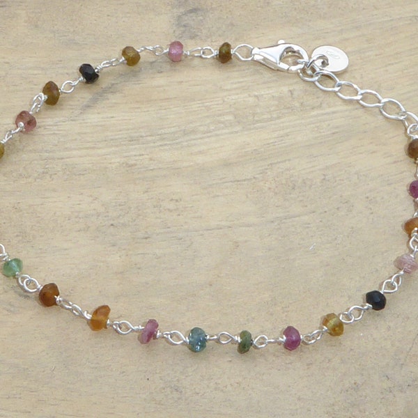 Bracelet chaîne perlée tourmaline et argent 925 - fin bracelet chaine rosaire pierres multicolores et argent sterling