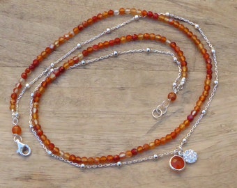 925 Sterling silver and carnelian necklace - thin sterling silver multi-row bracelet, orange raw stone and zircon rhinestone charm