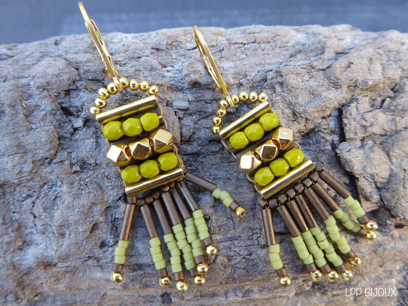 original brown green boho earrings Ethnic green rock beads earrings