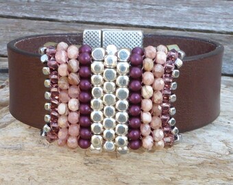 Leather and pink stone cuff bracelet, wide Sundance style bracelet