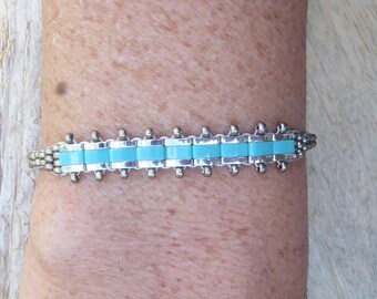 Turquoise and silver bracelet with Miyuki seed beads, ethnic bracelet with small beads, original fine bracelet