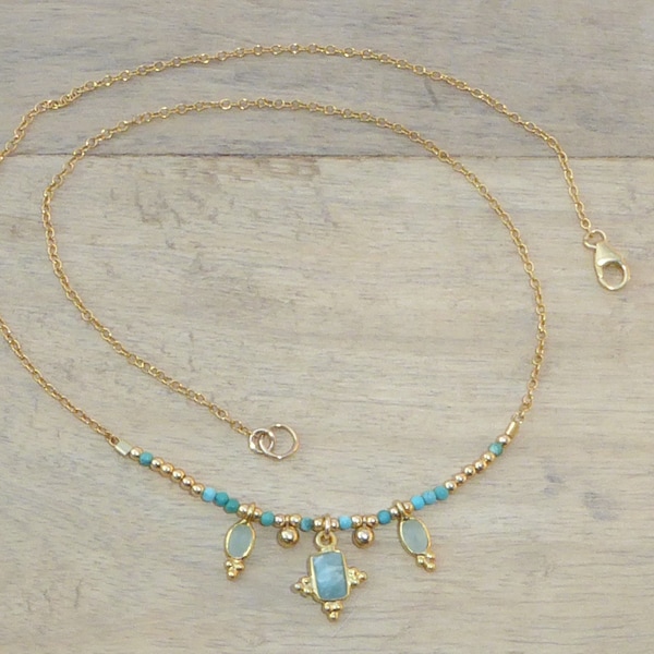 Gold plated necklace and natural stones, turquoise necklace, amazonites and chalcedony, real turquoise necklace