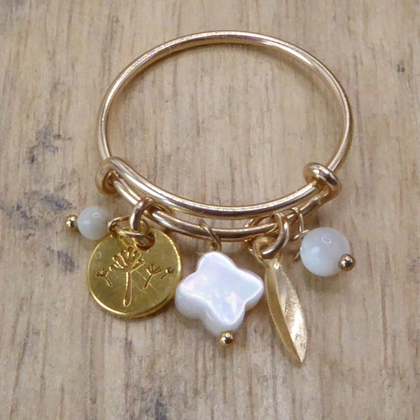 14K gold filled adjustable ring and charms - thin gold ring adjustable size mother-of-pearl pendants