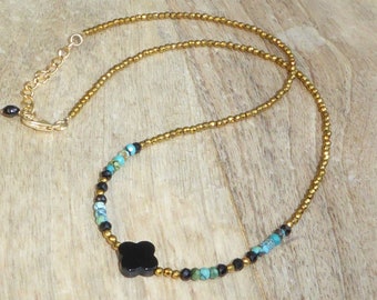 Ras de cou pierre et gold filled 14 carats,collier noir turquoise et doré,collier turquoise agate spinelle hématite et gold filled