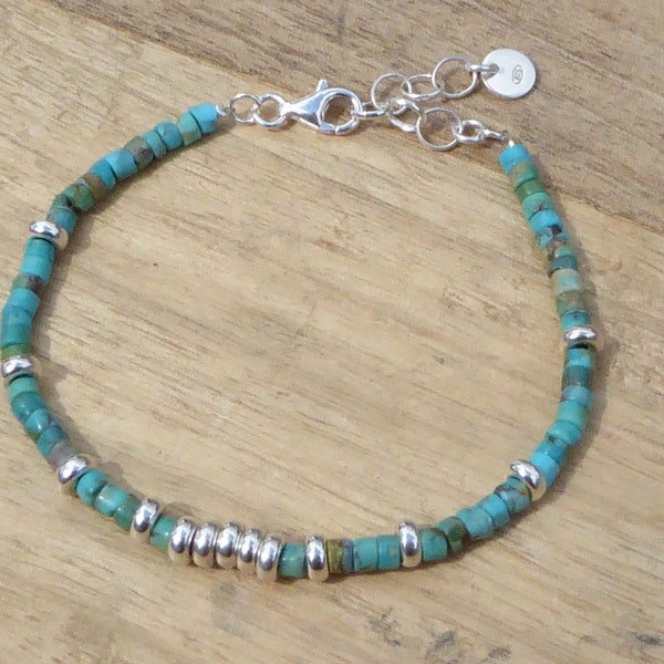 Bracelet heishi turquoises et argent 925, bracelet turquoises et argent 925