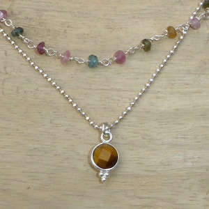 925 silver and stone necklace, fine double beaded silver and tourmaline chain necklace, and tiger's eye pendant