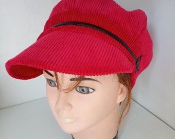 Red velvet Gavroche cap, leather, elastic, trendy, fashion, lined, hats, bob, unique. Made in France