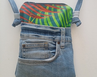 Recycled denim phone pouch, adjustable shoulder strap, smartphone case, iPhone or Android, walking bag, gifts,