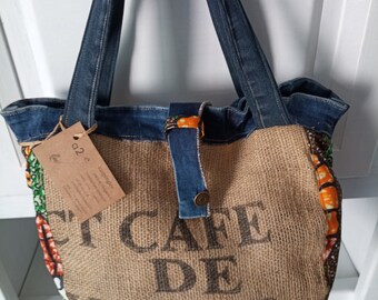 Sac toile de jute et jean avec du wax ,réversible ,recyclage ,denim