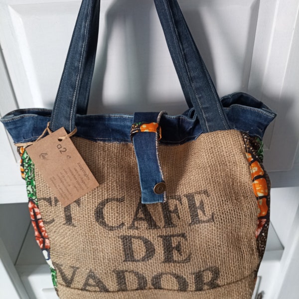 Sac toile de jute et jean avec du wax ,réversible ,recyclage ,denim