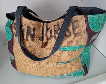 Sac toile de jute et jean avec du wax ,réversible ,recyclage ,denim