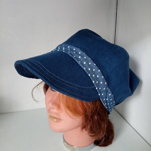 newsboy cap in recycled denim, printed fabric, gifts, useful, visor, protection, style, White