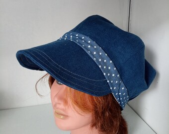 newsboy cap in recycled denim, printed fabric, gifts, useful, visor, protection, style,