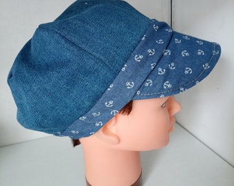 newsboy cap in recycled denim, printed fabric, gifts, useful, visor, protection, style,